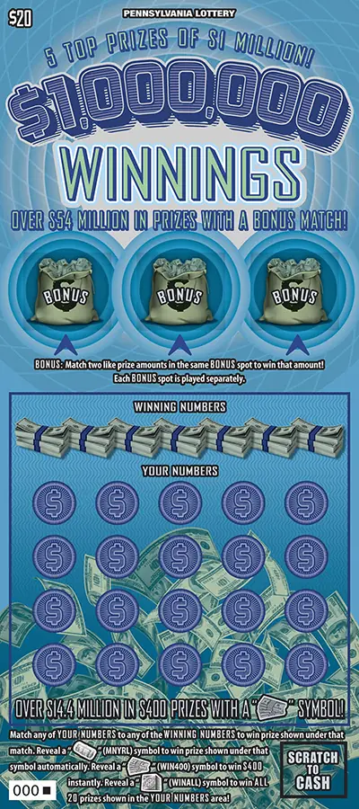 $1,000,000 Winnings Pennsylvania scratch-off ticket