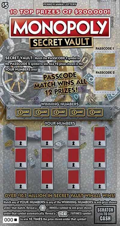 MONOPOLY SECRET VAULT Pennsylvania scratch-off ticket