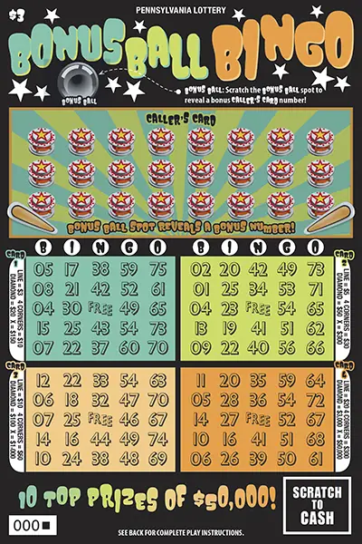 Bonus Ball Bingo Pennsylvania scratch-off ticket