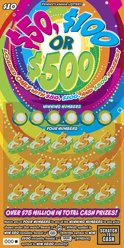 $50, $100 or $500 Pennsylvania scratch-off ticket