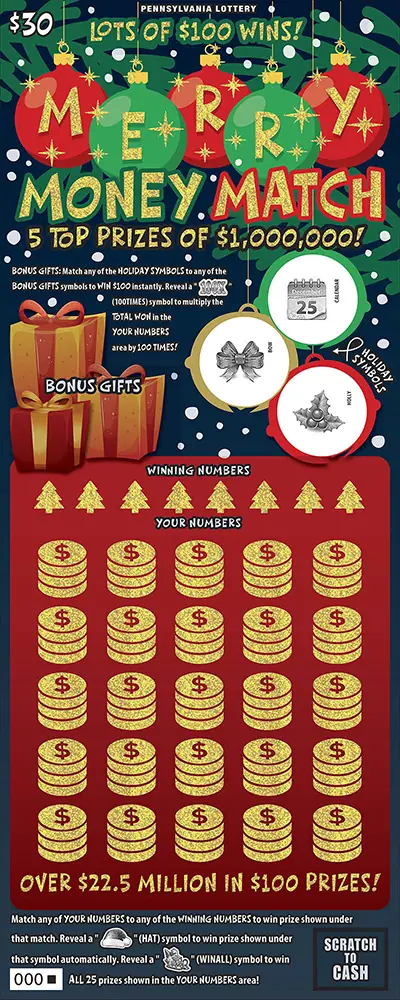 Merry Money Match Pennsylvania scratch-off ticket