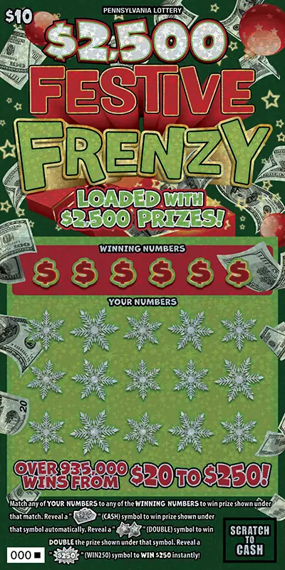$2,500 Festive Frenzy Pennsylvania scratch-off ticket