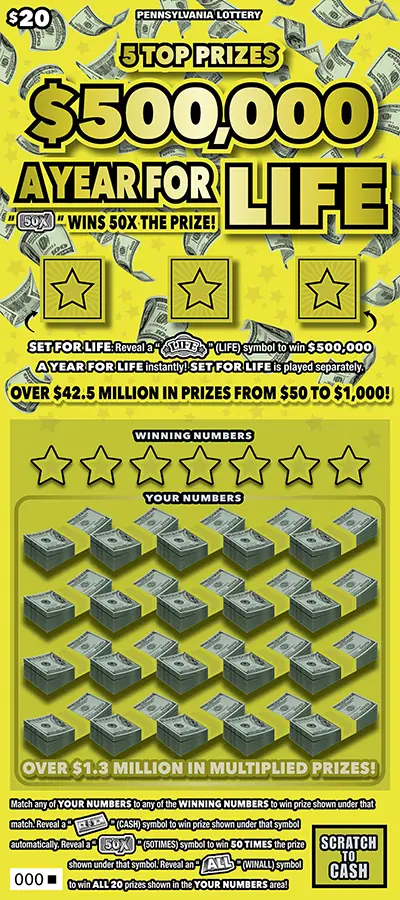 $500,000 a Year for Life Pennsylvania scratch-off ticket