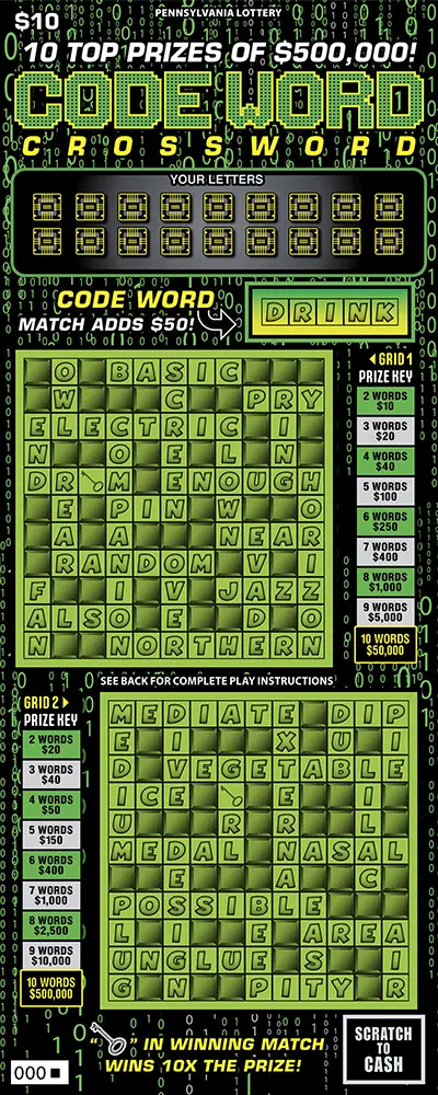Code Word Crossword Pennsylvania scratch-off ticket