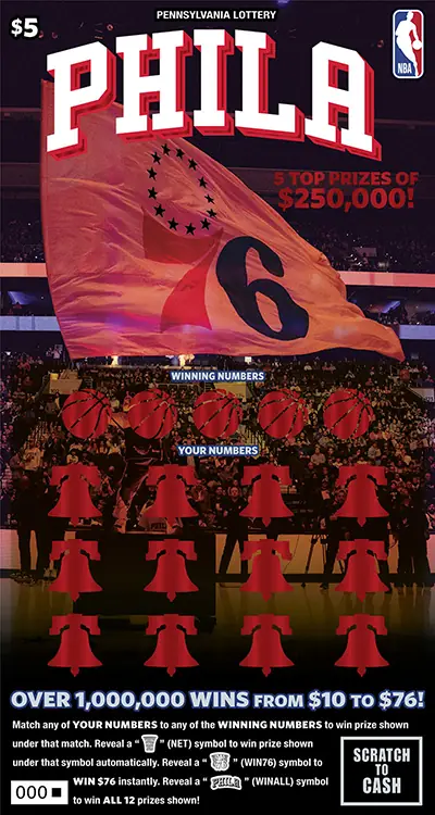 PHILADELPHIA 76ERS Pennsylvania scratch-off ticket