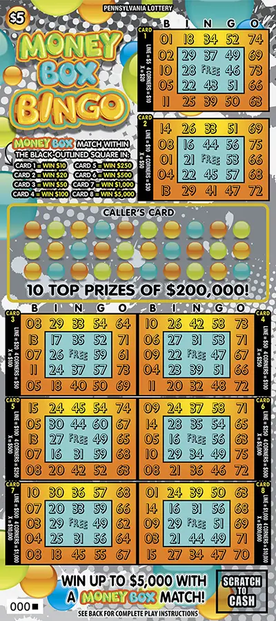 Money Box Bingo Pennsylvania scratch-off ticket