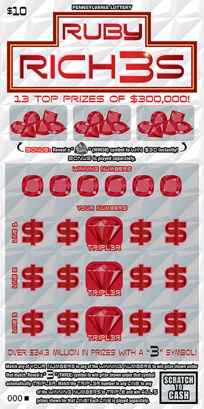 Ruby Rich3s Pennsylvania scratch-off ticket