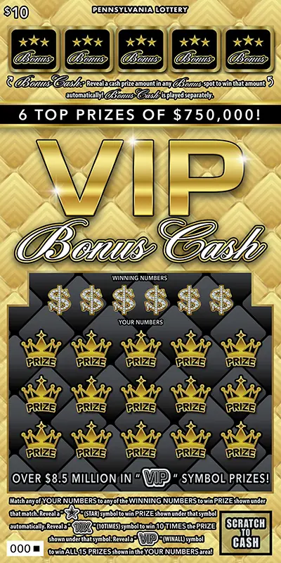 VIP Bonus Cash Pennsylvania scratch-off ticket