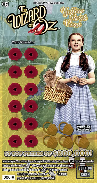 THE WIZARD OF OZ™ YELLOW BRICK ROAD Pennsylvania scratch-off ticket