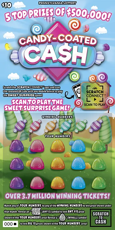Candy-Coated Ca$h Pennsylvania scratch-off ticket