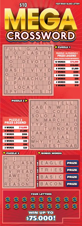 MEGA CROSSWORD Rhode Island instant game ticket