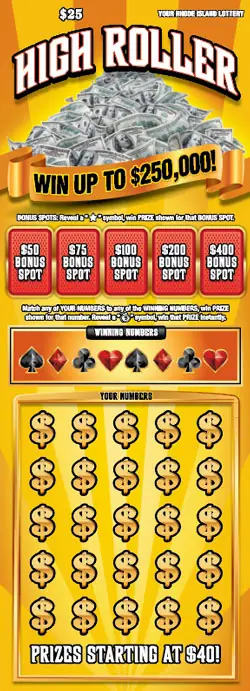 HIGH ROLLER Rhode Island instant game ticket