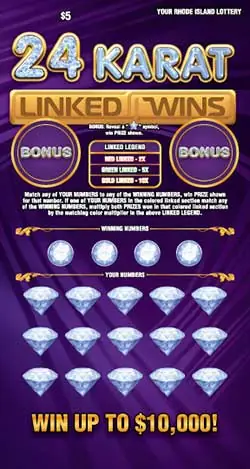 24 KARAT LINKED WINS Rhode Island instant game ticket