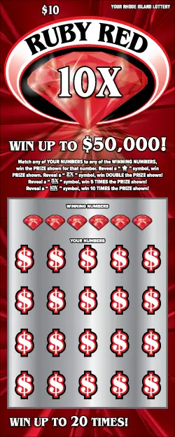 RUBY RED 10X Rhode Island instant game ticket