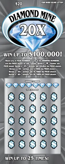 DIAMOND MINE 20X Rhode Island instant game ticket