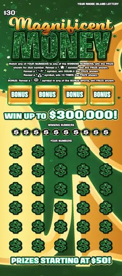 MAGNIFICENT MONEY Rhode Island instant game ticket