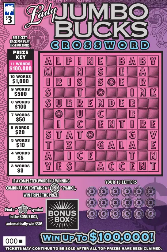 Lady Jumbo Bucks Crossword South Carolina scratch-off ticket
