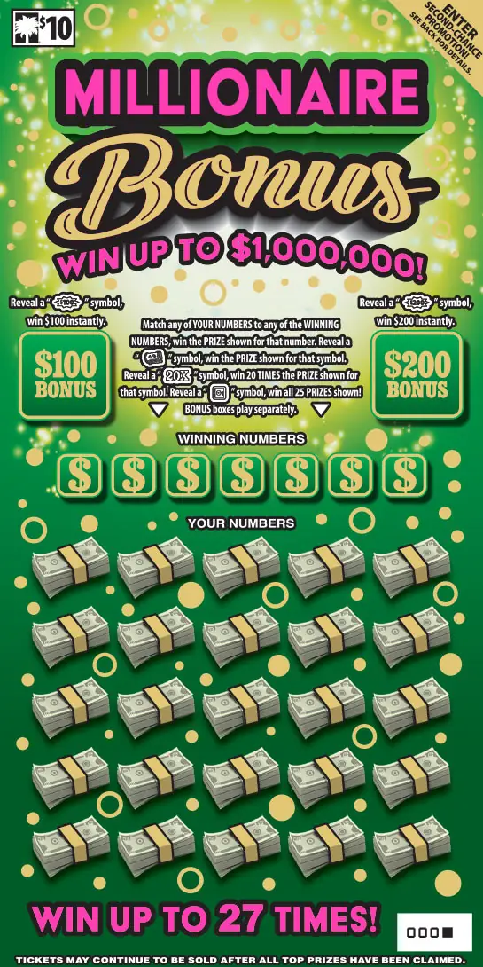Millionaire Bonus South Carolina scratch-off ticket