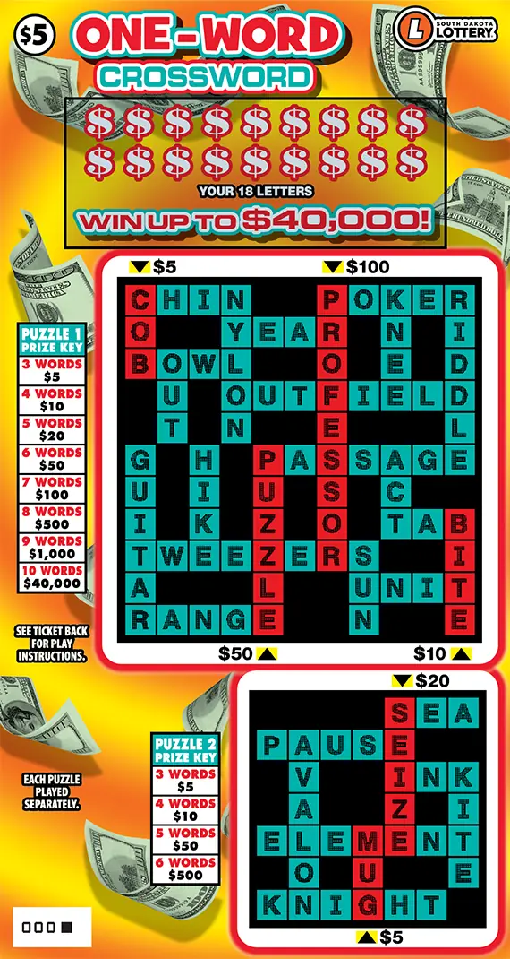 ONE-WORD CROSSWORD South Dakota scratch game ticket