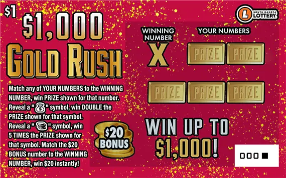 $1,000 GOLD RUSH South Dakota scratch game ticket