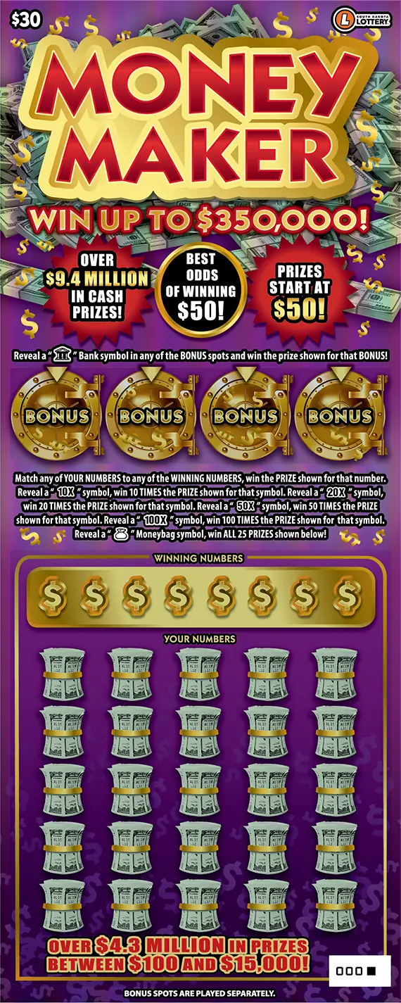MONEY MAKER South Dakota scratch game ticket