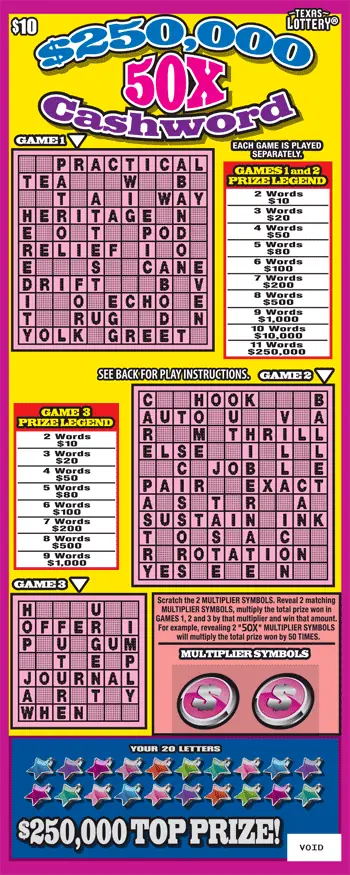 $250,000 50X Cashword Texas scratch-off ticket
