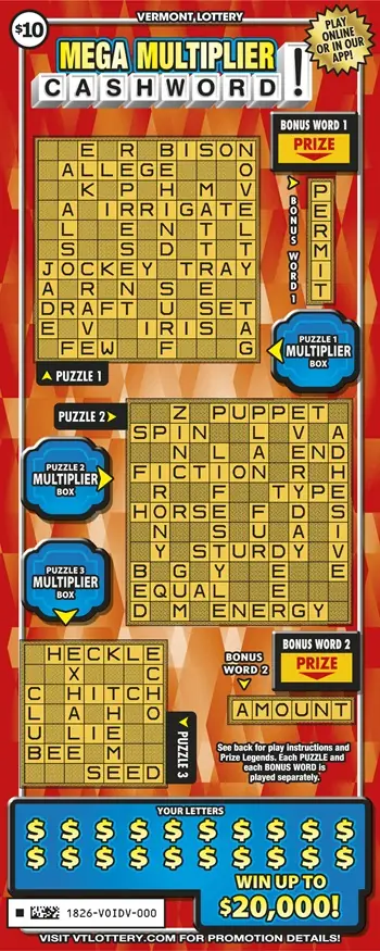 Mega Multiplier Cashword Vermont instant ticket ticket