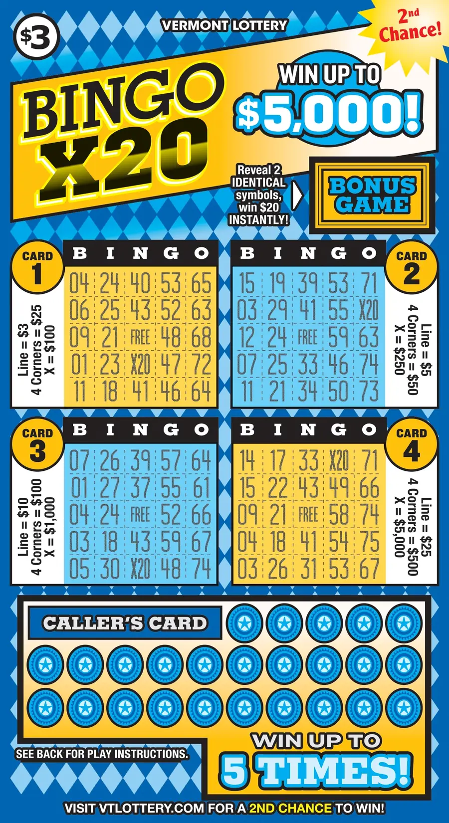 Bingo X20 Vermont instant ticket ticket