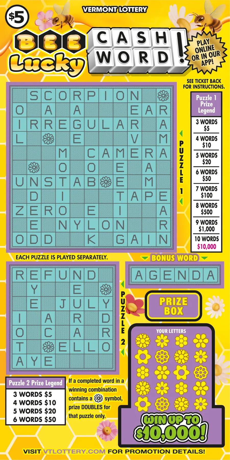 Bee Lucky Cashword! Vermont instant ticket ticket