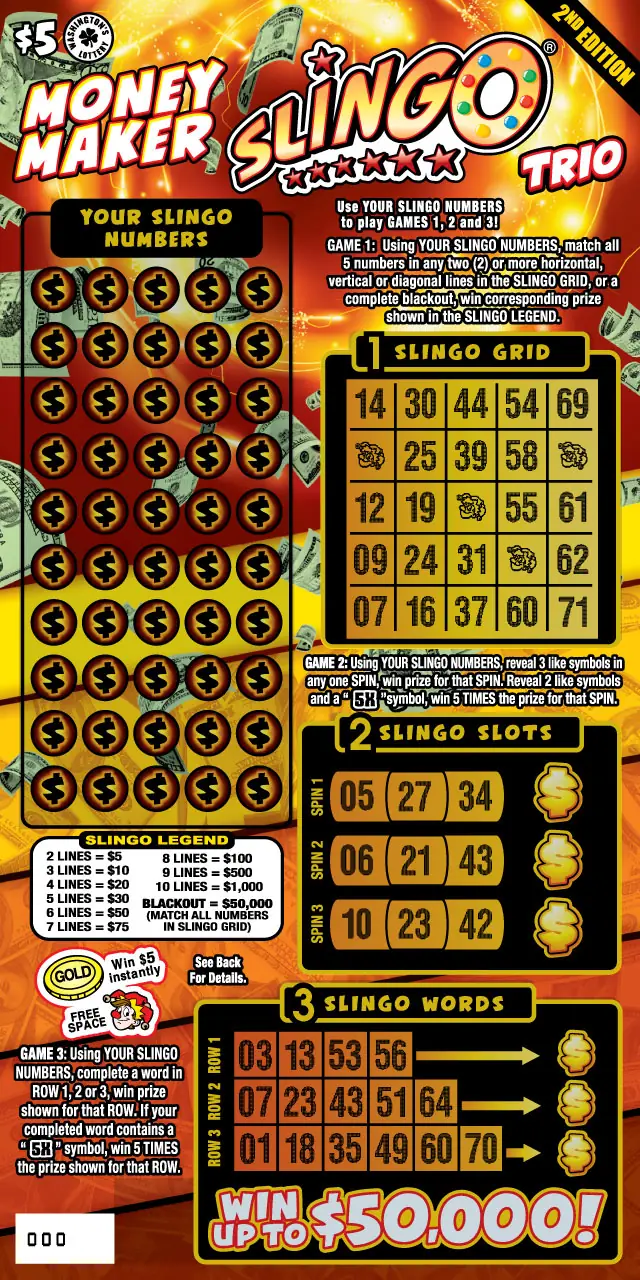 MONEY MAKER SLINGO TRIO 2ND ED Washington scratch game ticket