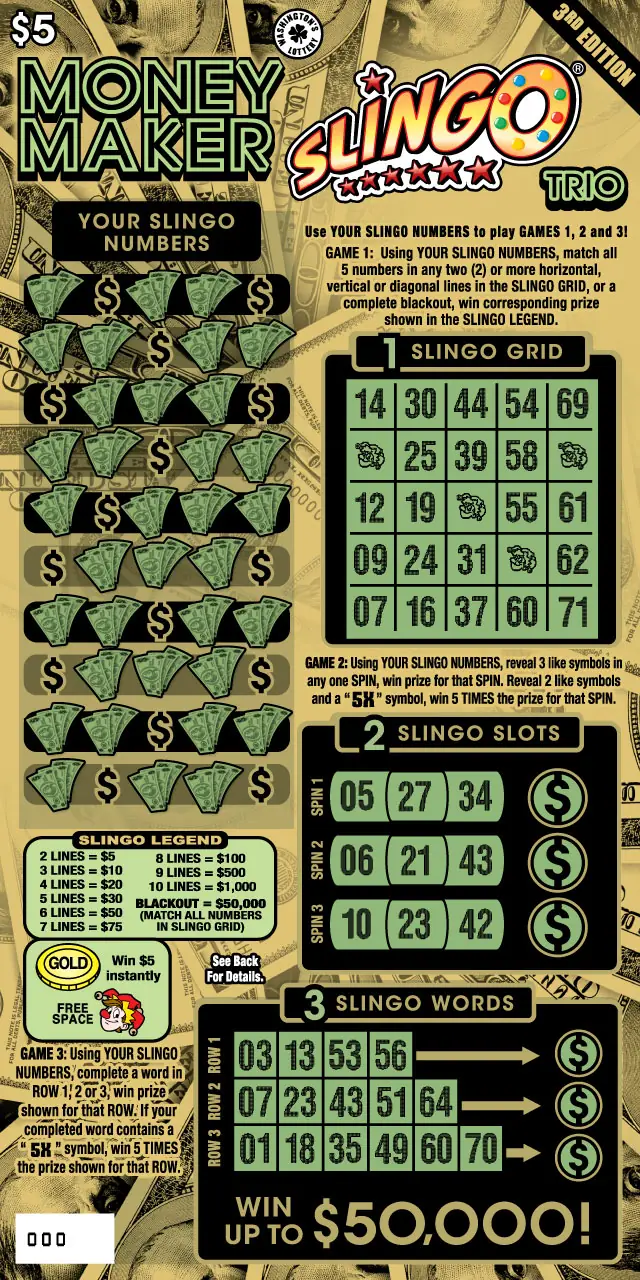 MONEY MAKER SLINGO TRIO 3RD ED Washington scratch game ticket