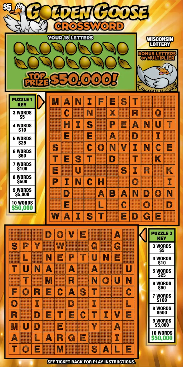 GOLDEN GOOSE CROSSWORD Wisconsin scratch game ticket