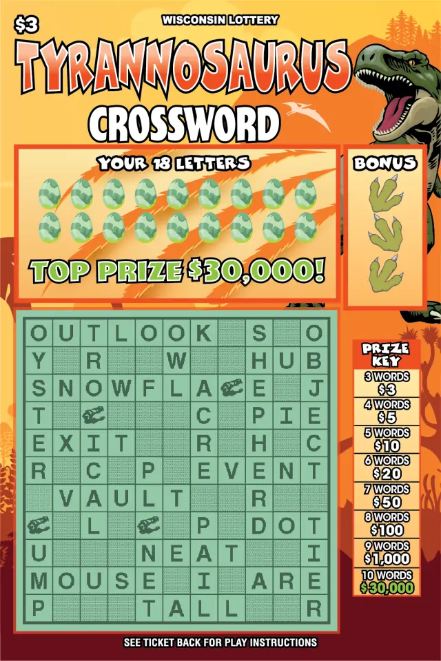 TYRANNOSAURUS CROSSWORD Wisconsin scratch game ticket