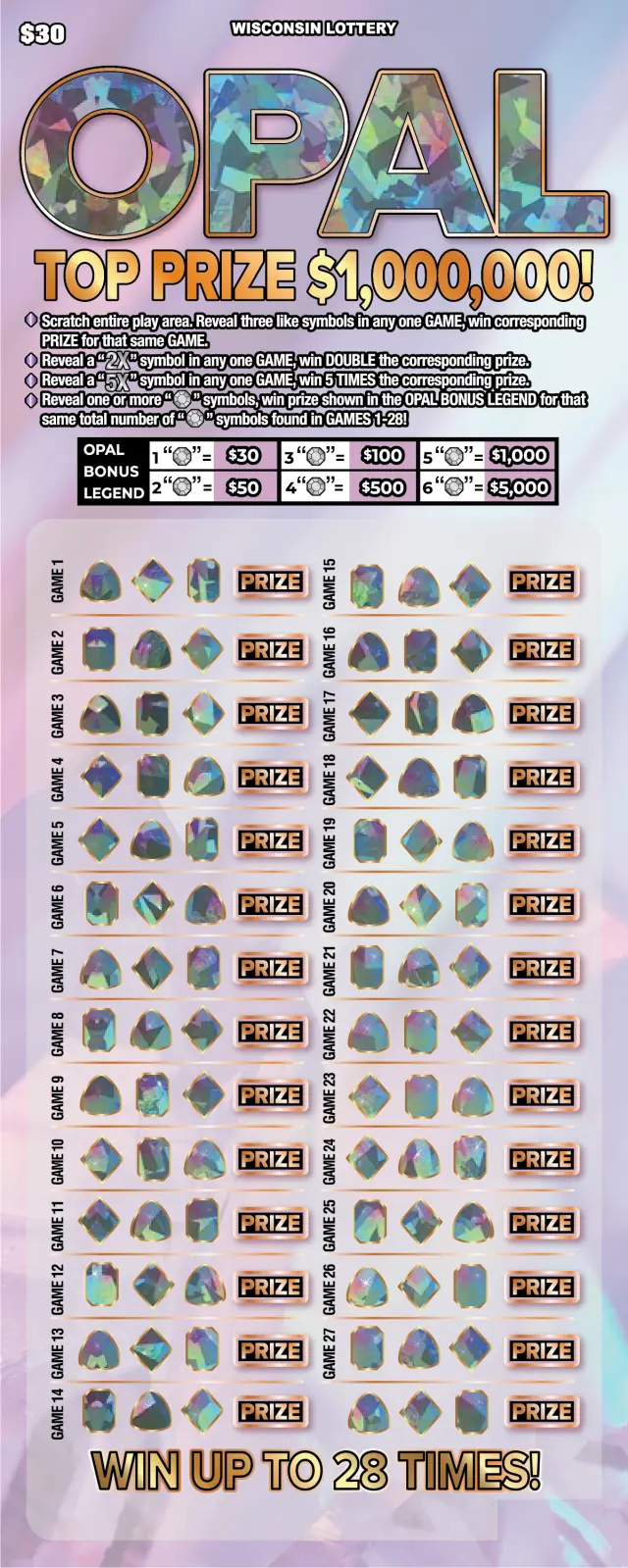 OPAL Wisconsin scratch game ticket
