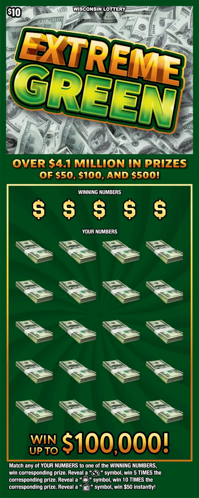 EXTREME GREEN Wisconsin scratch game ticket