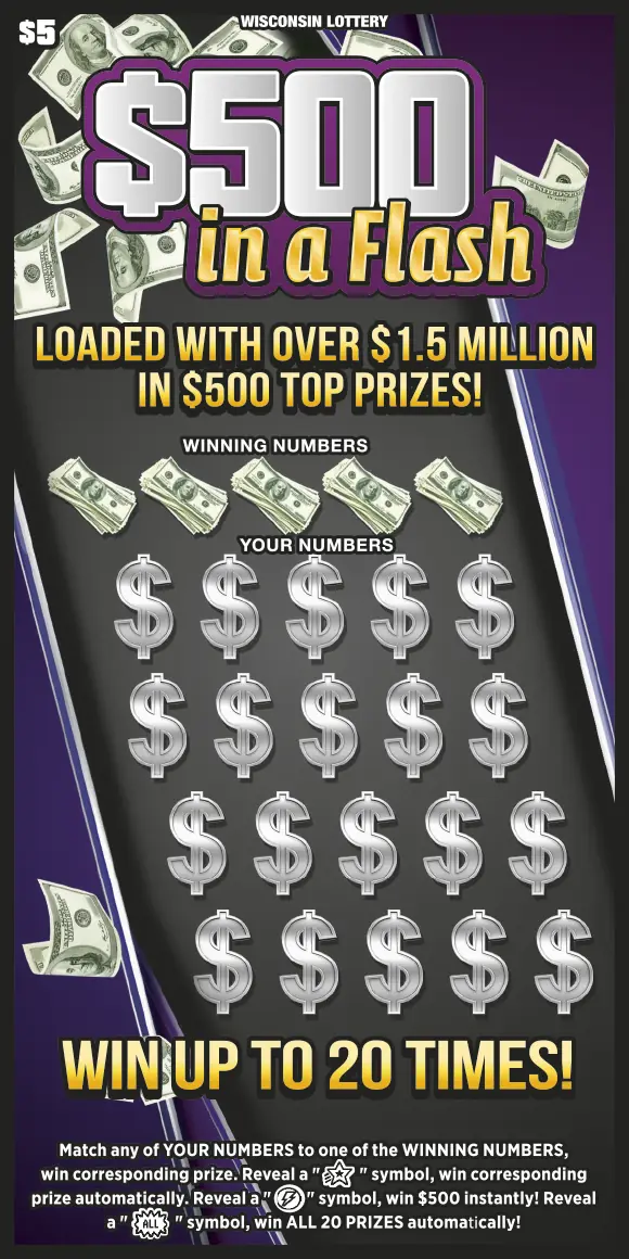 $500 IN A FLASH Wisconsin scratch game ticket