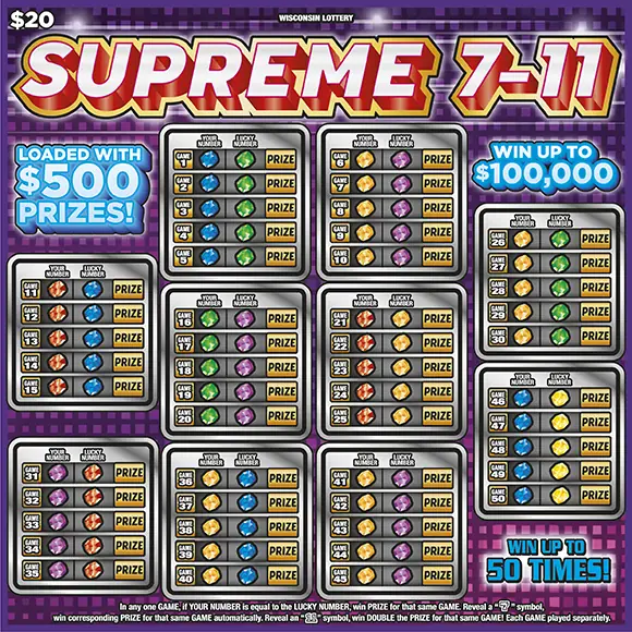 SUPREME 7-11 Wisconsin scratch game ticket