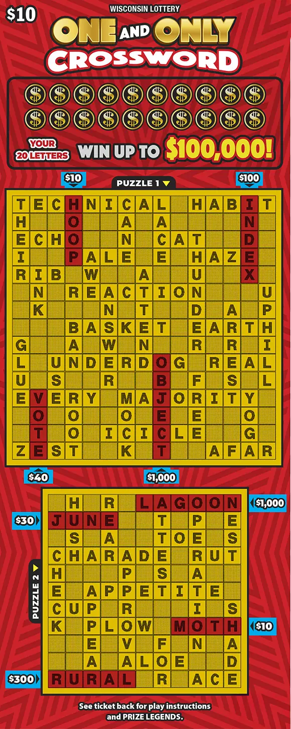 ONE AND ONLY CROSSWORD Wisconsin scratch game ticket