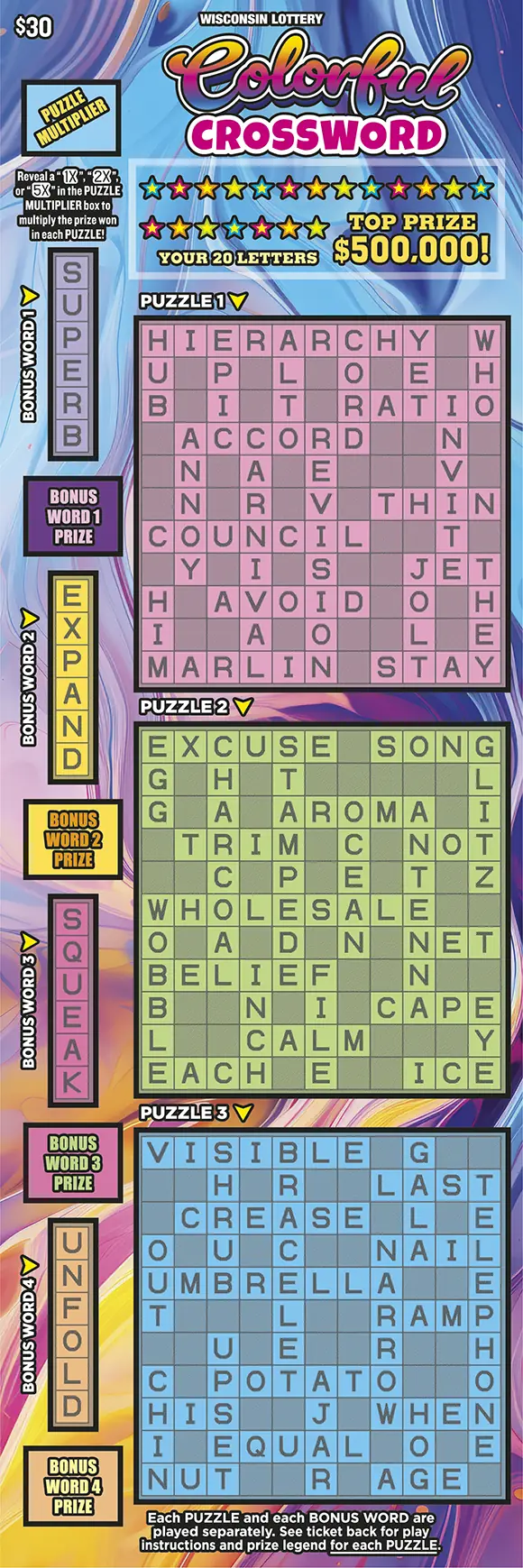 COLORFUL CROSSWORD Wisconsin scratch game ticket