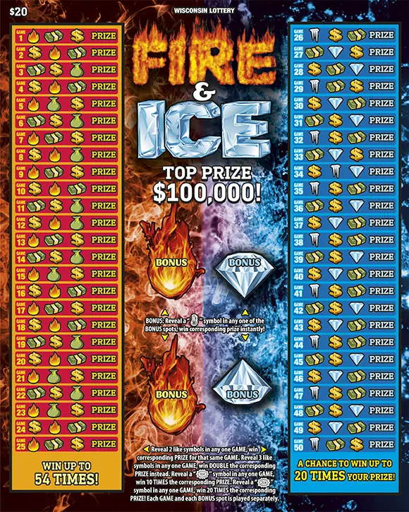 FIRE & ICE Wisconsin scratch game ticket