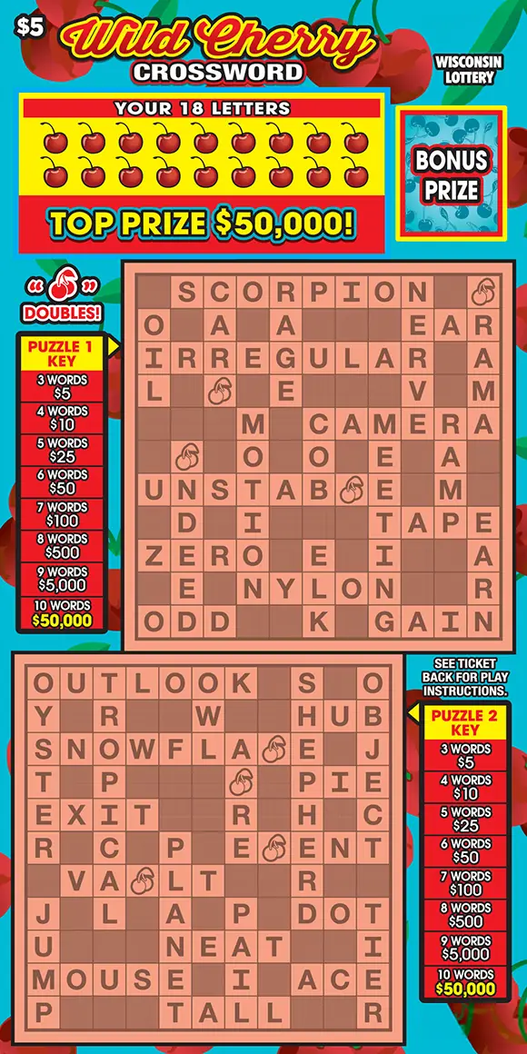 WILD CHERRY CROSSWORD Wisconsin scratch game ticket