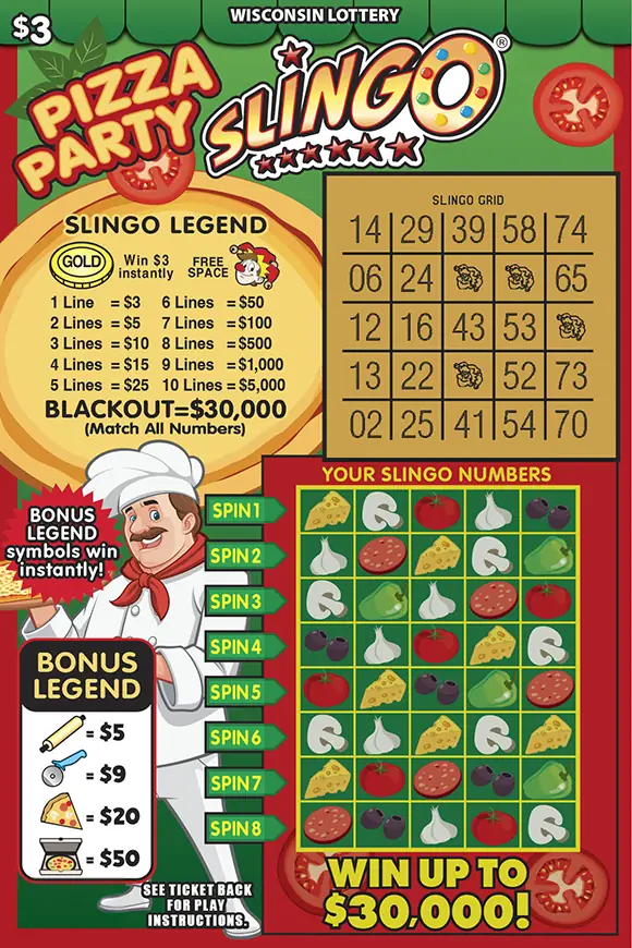 PIZZA PARTY SLINGO Wisconsin scratch game ticket