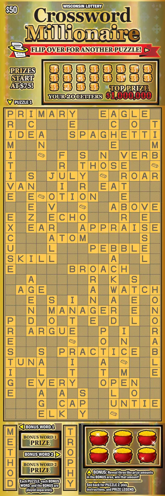 CROSSWORD MILLIONAIRE Wisconsin scratch game ticket