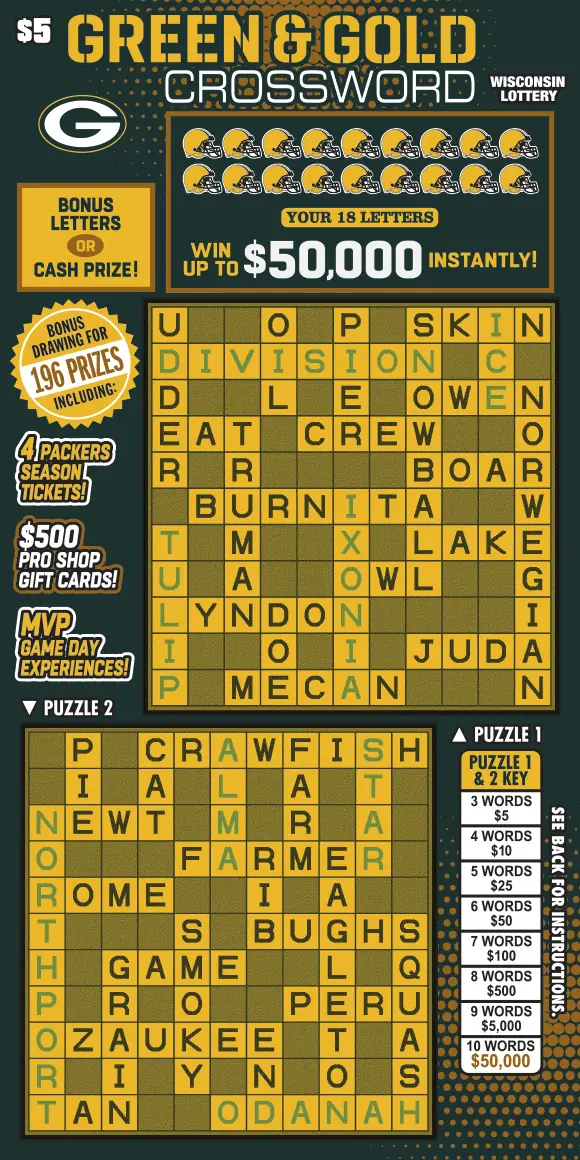 GREEN & GOLD CROSSWORD Wisconsin scratch game ticket