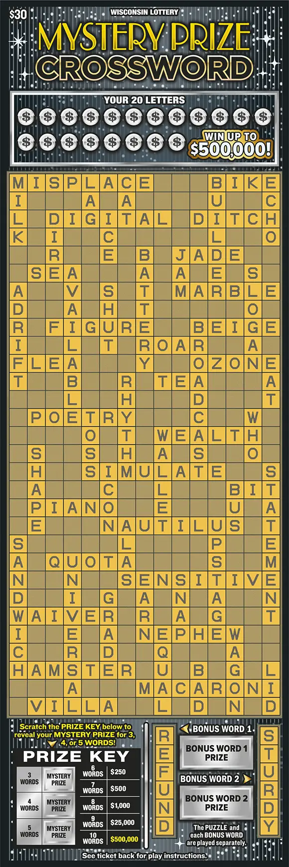 MYSTERY PRIZE CROSSWORD Wisconsin scratch game ticket