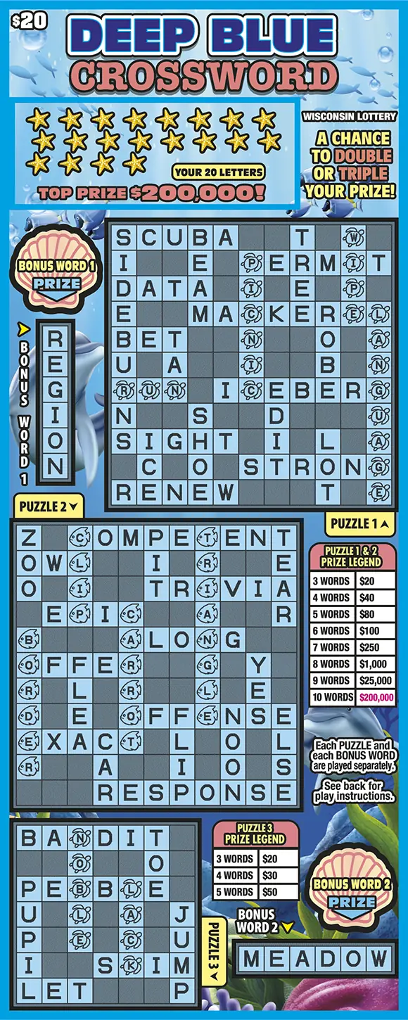 DEEP BLUE CROSSWORD Wisconsin scratch game ticket