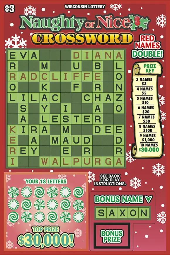 NAUGHTY OR NICE CROSSWORD Wisconsin scratch game ticket