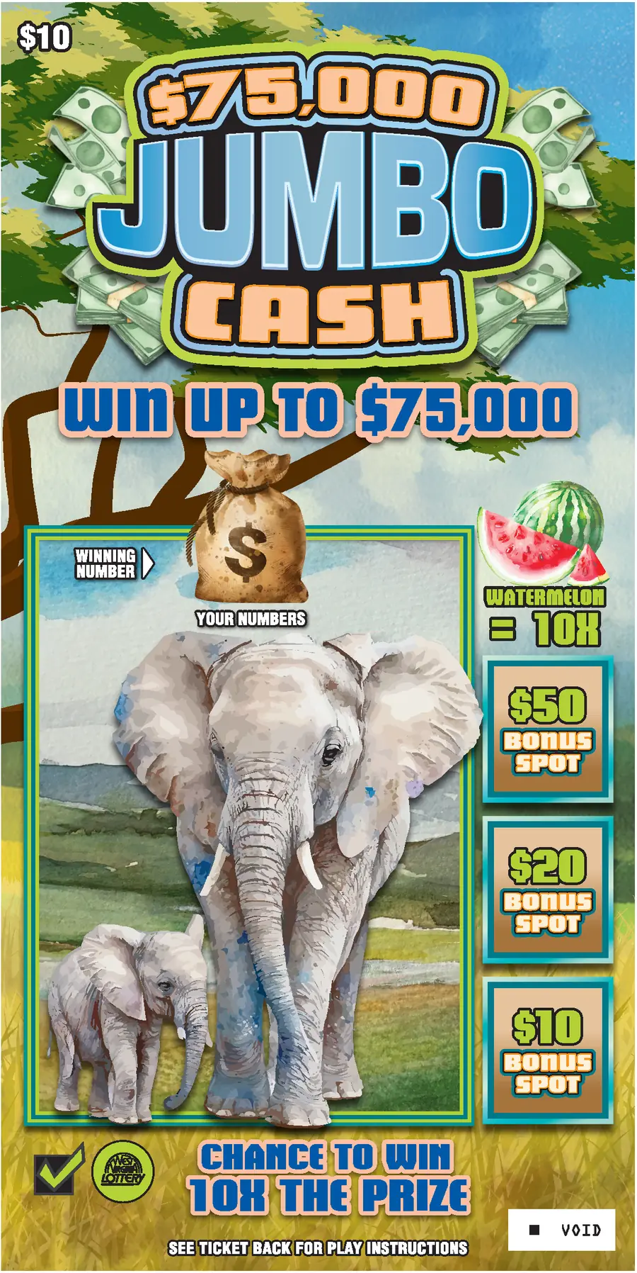 $75,000 JUMBO CASH West Virginia scratch-off ticket