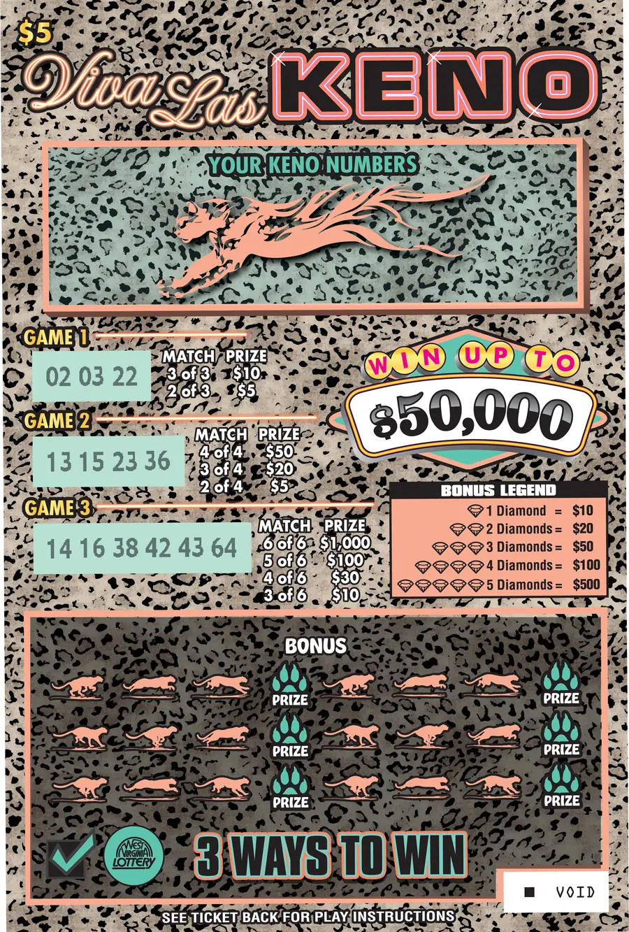 VIVA LAS KENO West Virginia scratch-off ticket