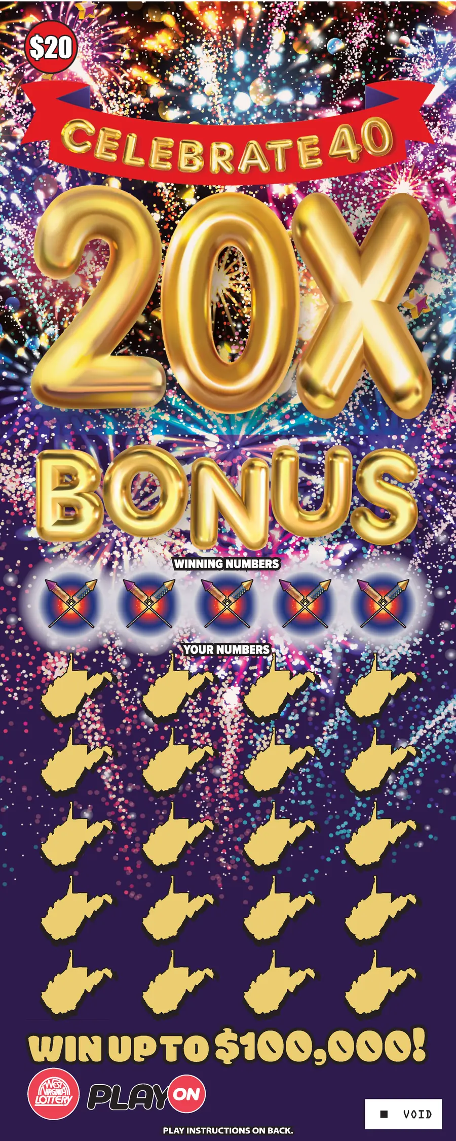 CELEBRATE 40 20X West Virginia scratch-off ticket
